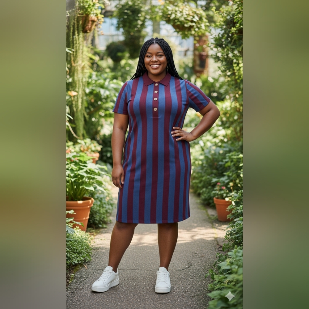 18 women MODCLOTH Collectif Knitted Wine Blue Stripe Short Sleeve Collar Dress